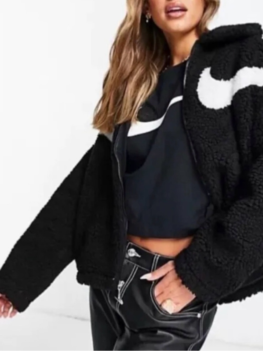 Nike Black Zip-Up Sherpa Jacket with White Logo (like new condition!)